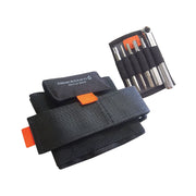 Black tool wrap kit with orange clips and screwdriver bits in fabric roll