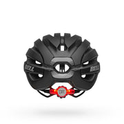 Black helmet interior view with red LED light module and adjustable strap channels