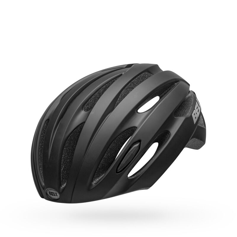 Black vented bike helmet with glossy ridges and oval cutouts; BELL branding at side