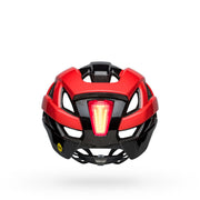Red-LED front light MIPS bike helmet with vented shell and black/red panels