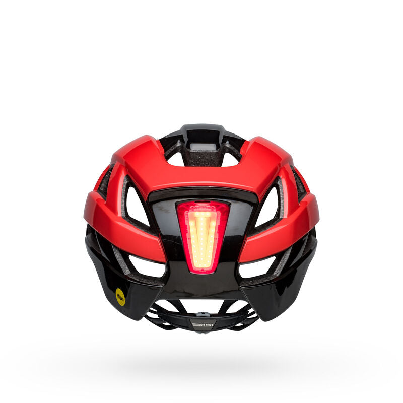 Red-LED front light MIPS bike helmet with vented shell and black/red panels