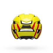Youth bike helmet, front view neon yellow with red stripe graphics and vents