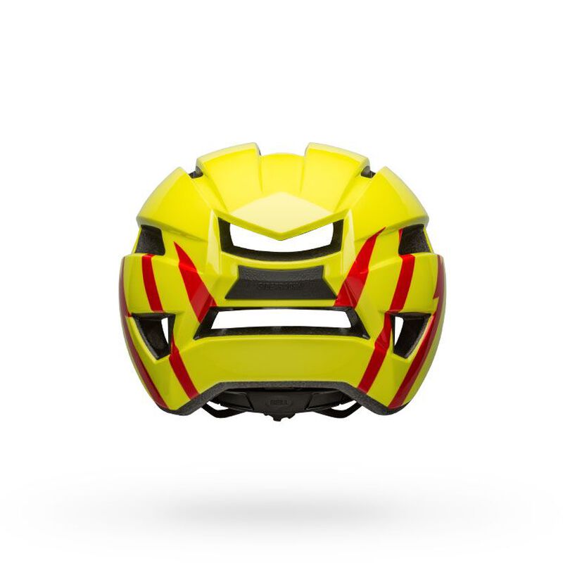 Youth bike helmet, front view neon yellow with red stripe graphics and vents