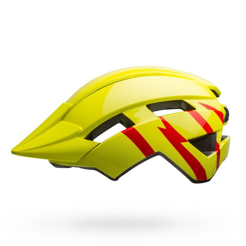 Youth bike helmet, glossy neon yellow with red lightning stripe accents
