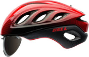 Red and black bike helmet with BELL logo, front vents, and shield chin bar