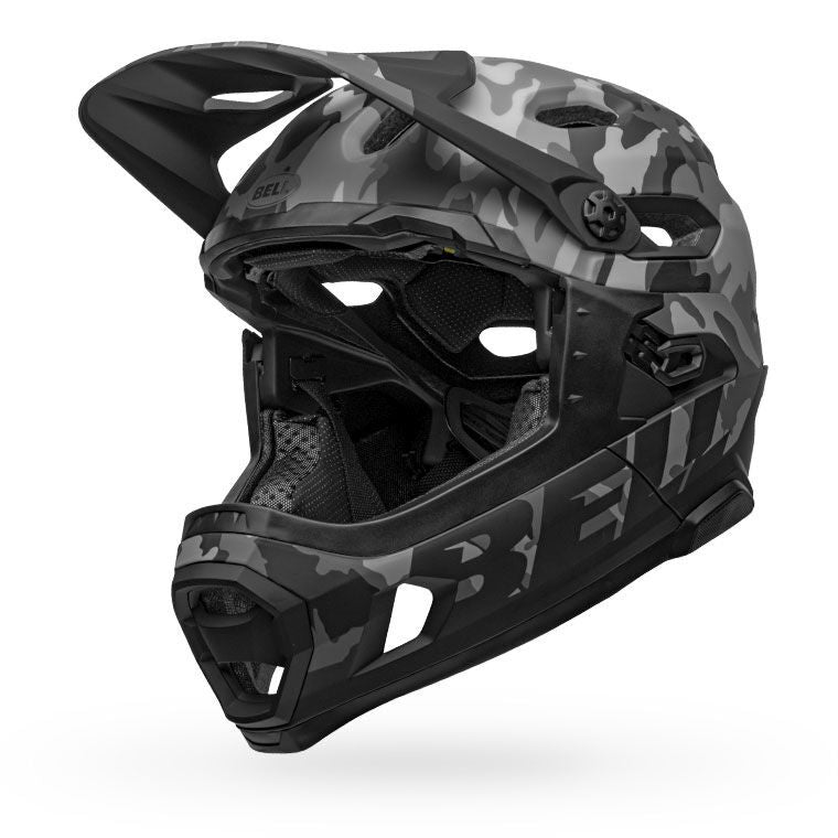 MTB helmet with MIPS, black and gray camo shell with chin guard and ventilation ports