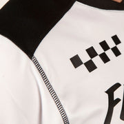 White-and-black jersey sleeve with checkered graphic and stitched trim
