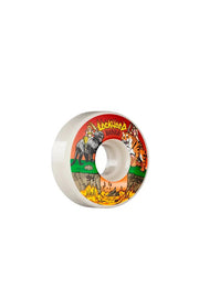 White skateboard wheel with colorful cat fight graphic, slim profile, set of 4