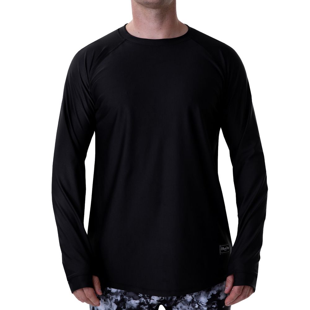 Black long-sleeve base layer top, raglan sleeves and crew neck