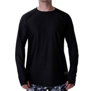Black long-sleeve base layer top, raglan sleeves and crew neck