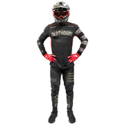 Black racing pants with front logo and patterned leg graphic panels