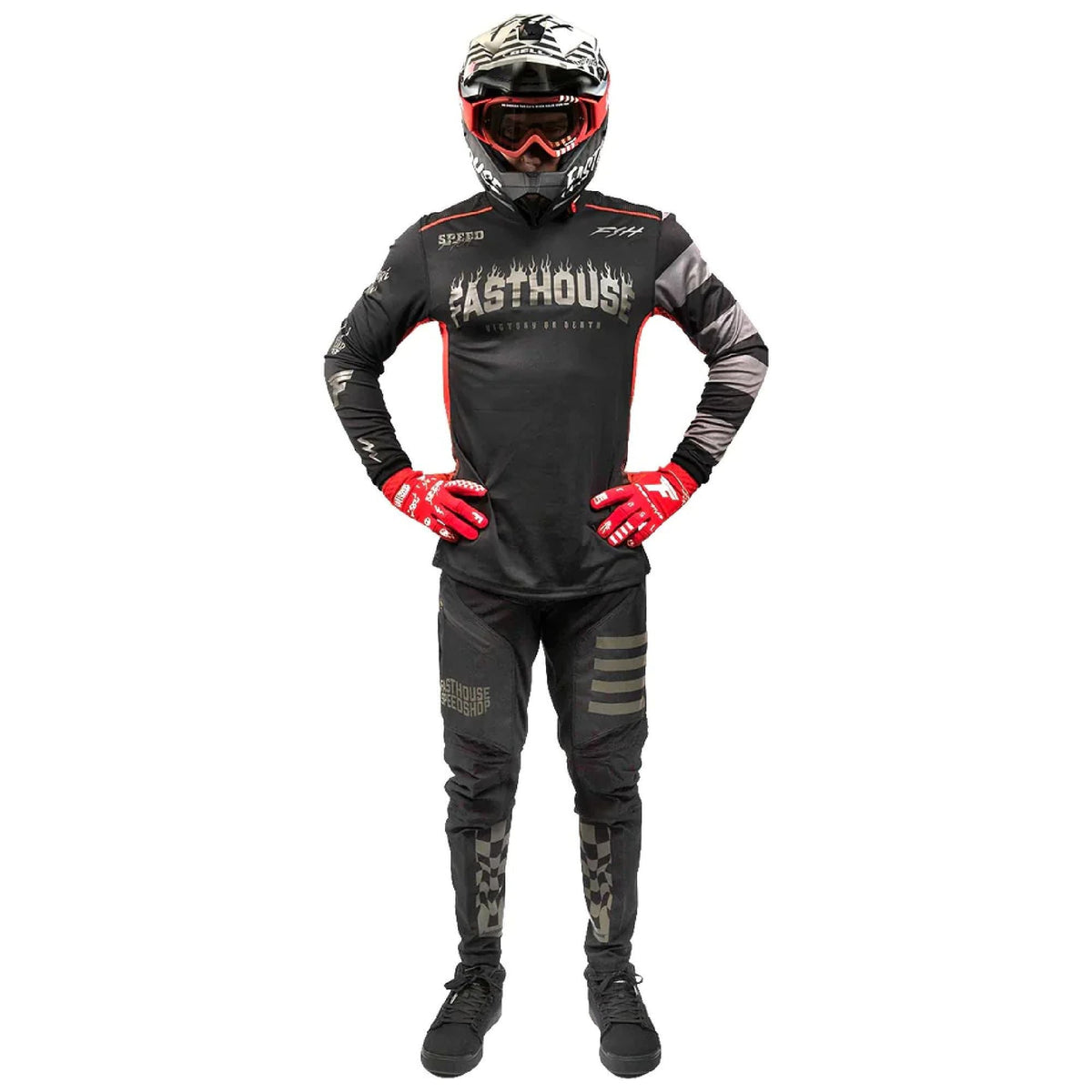 Black racing pants with front logo and patterned leg graphic panels