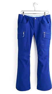 Women’s blue snow pants with two front pockets and zippered thigh pockets