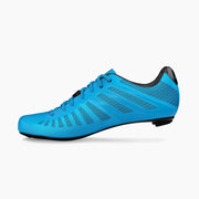 Light blue cycling shoe with lace-up front and black outsole