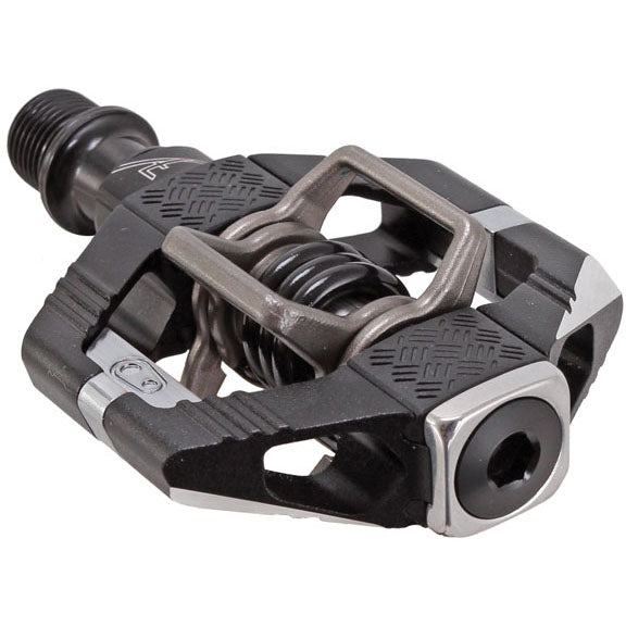 Dual-sided clipless aluminum bike pedal in black with metal cage and 9/16-inch axle