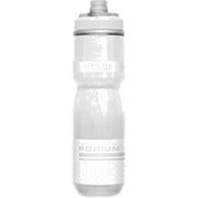 Insulated clear white water bottle with screw-top lid and embossed logo
