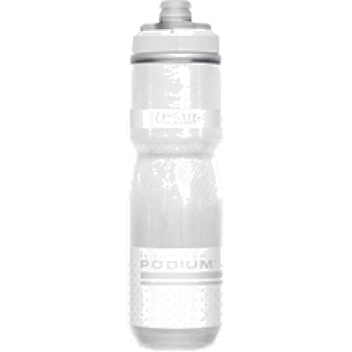 Insulated clear white water bottle with screw-top lid and embossed logo