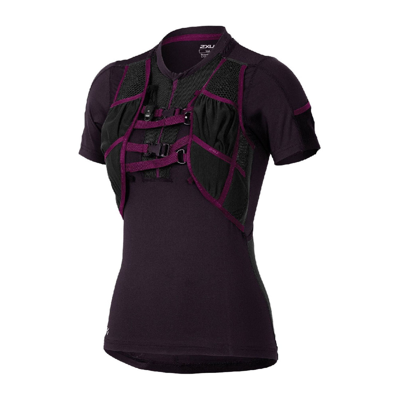 Men's compression top, dark purple with magenta panels and short sleeves