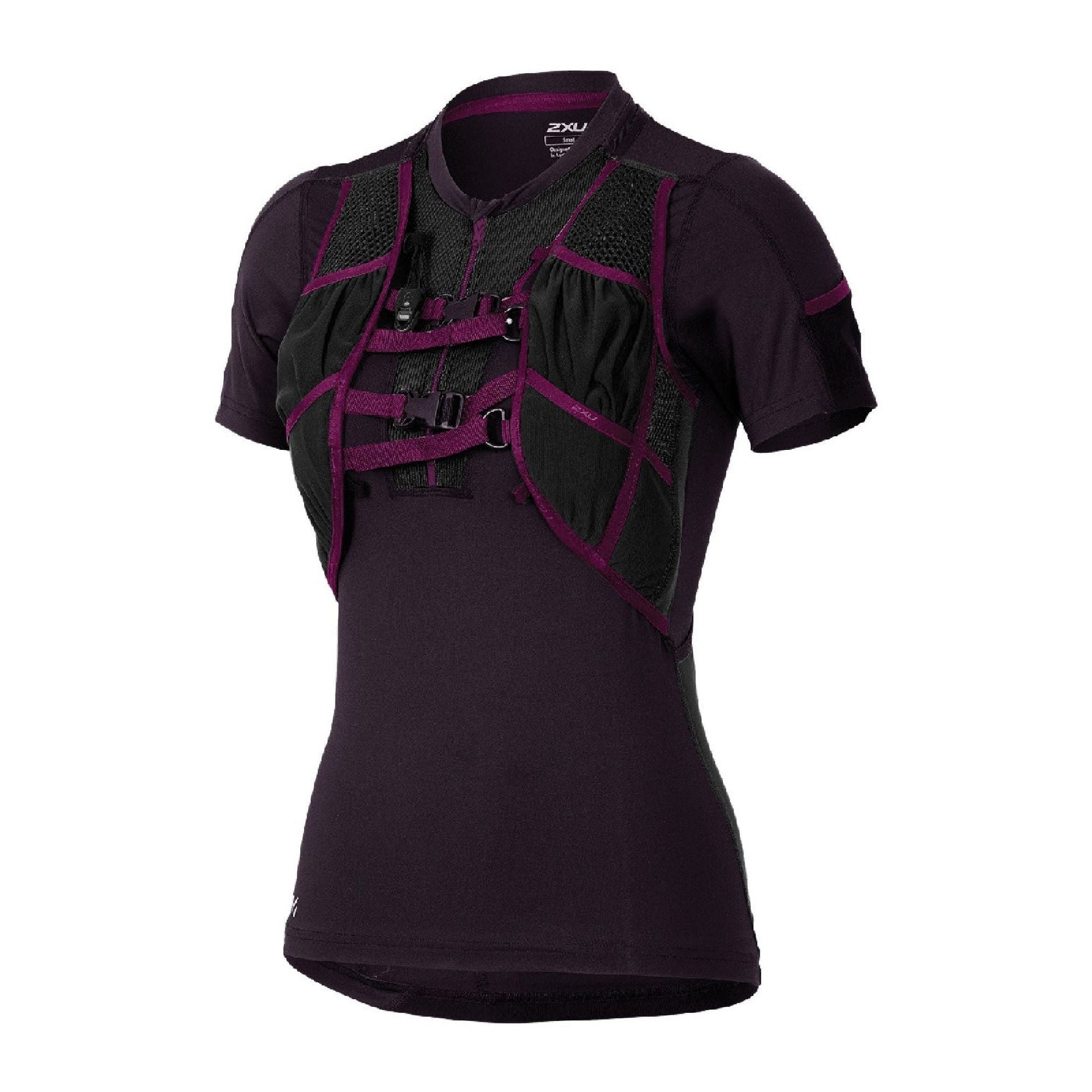 Men's compression top, dark purple with magenta panels and short sleeves