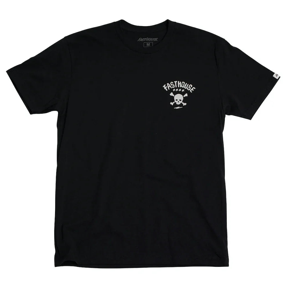Black crew-neck graphic T-shirt with small left chest logo and skull emblem