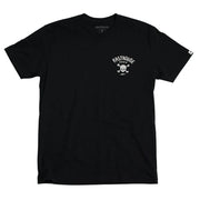 Black crew-neck graphic T-shirt with small left chest logo and skull emblem