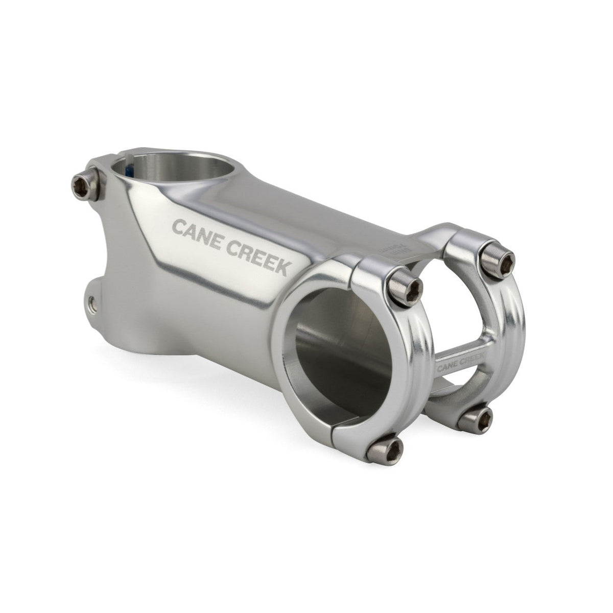 Polished silver bike stem with handlebar clamp and mounting bolts, Cane Creek
