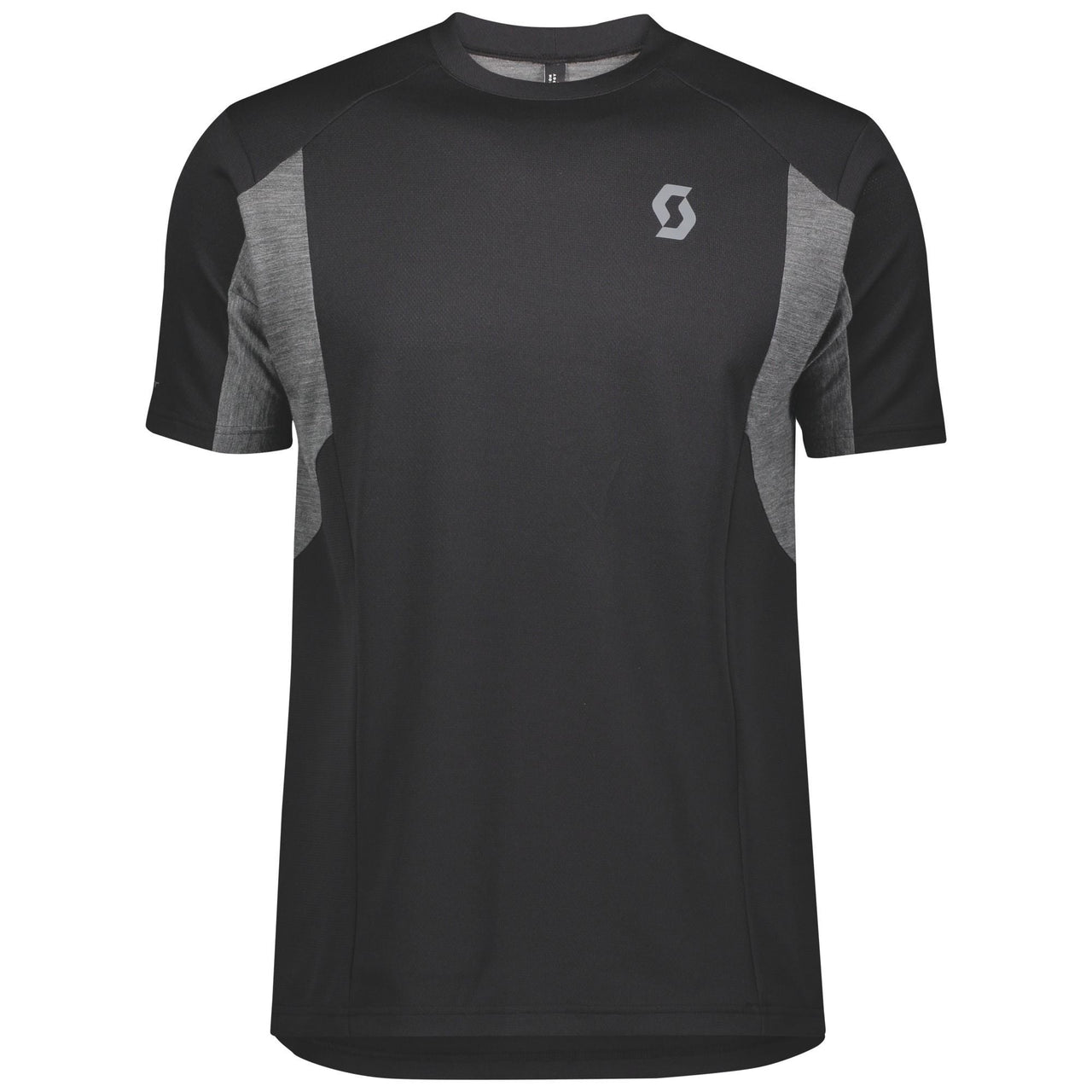 Men's black short-sleeve technical shirt with dark grey contrast panels and small logo