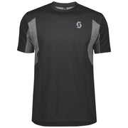 Men's black short-sleeve technical shirt with dark grey contrast panels and small logo