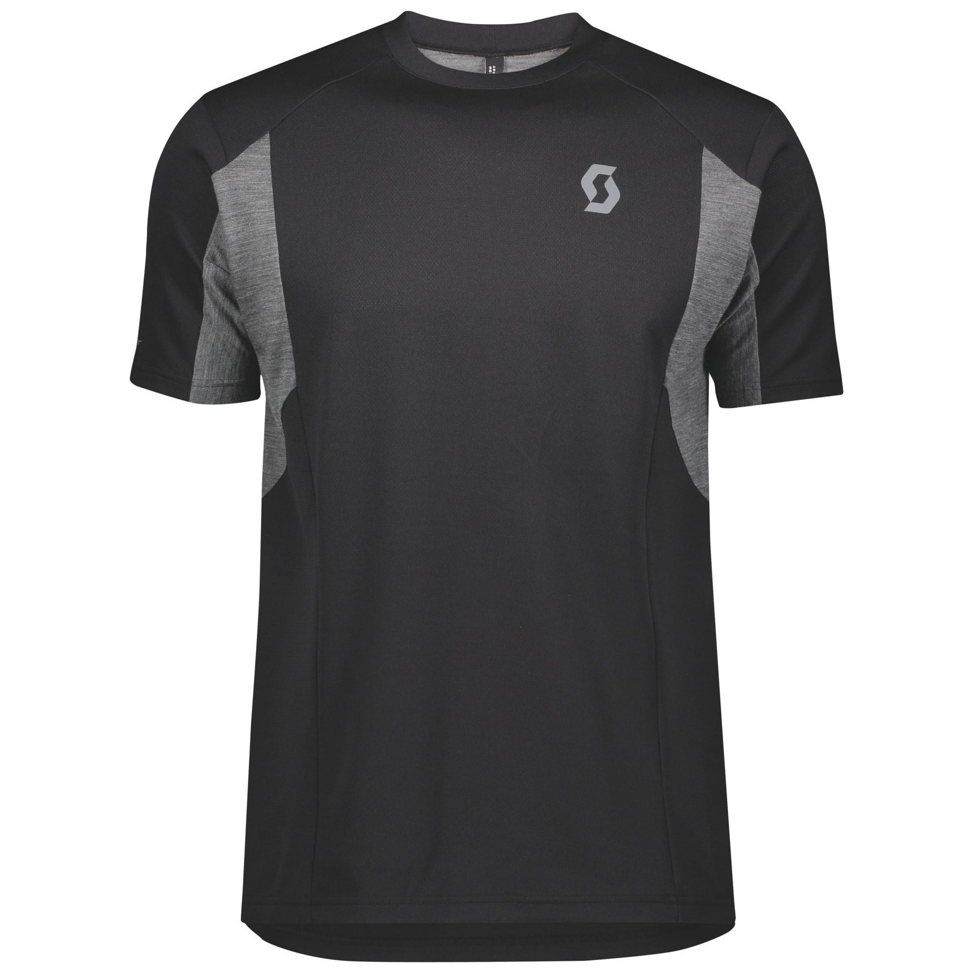 Men's black short-sleeve technical shirt with dark grey contrast panels and small logo