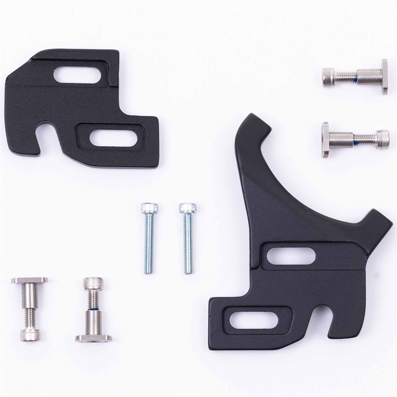 Black bolt-on/snap-in bike dropouts with axle hardware and mounting bolts