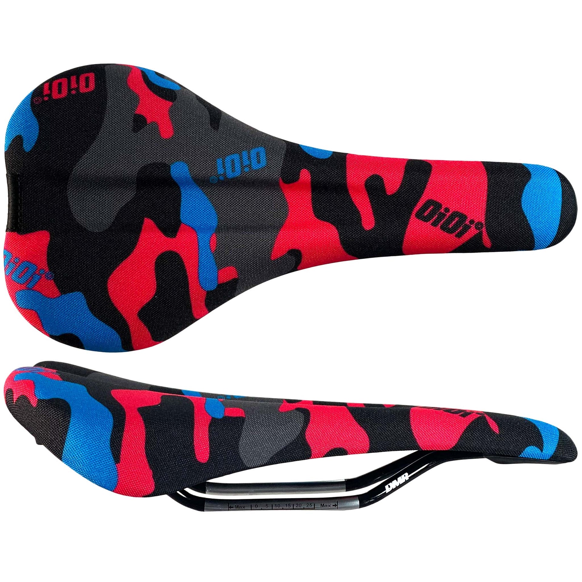 DMR OiOi bicycle saddle, Miami camo black red blue, curved top with cutout