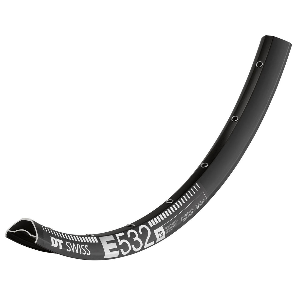 Black DT Swiss E532 tubeless-ready 29in disc rim with spoke-hole side profile