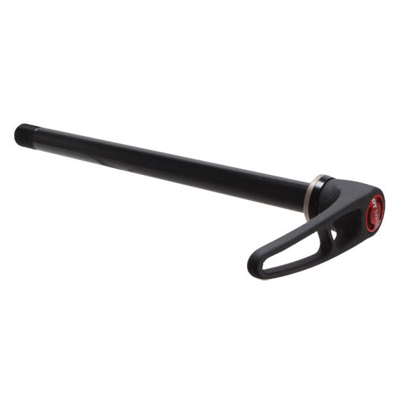 Black MTB rear thru axle with lever handle and red end cap, M12 x 1.0 thread.