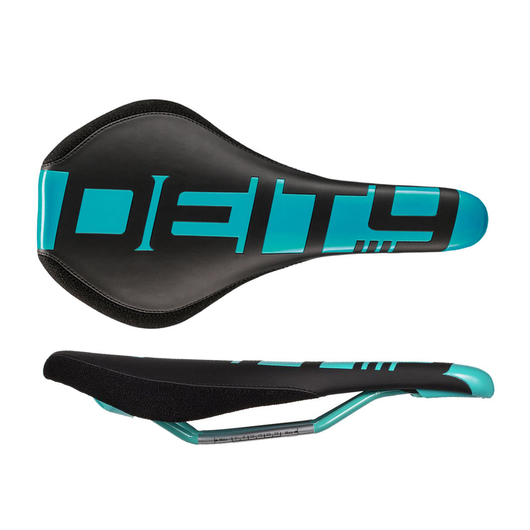All-mountain bicycle saddle with black cover and turquoise side stripe, curved profile