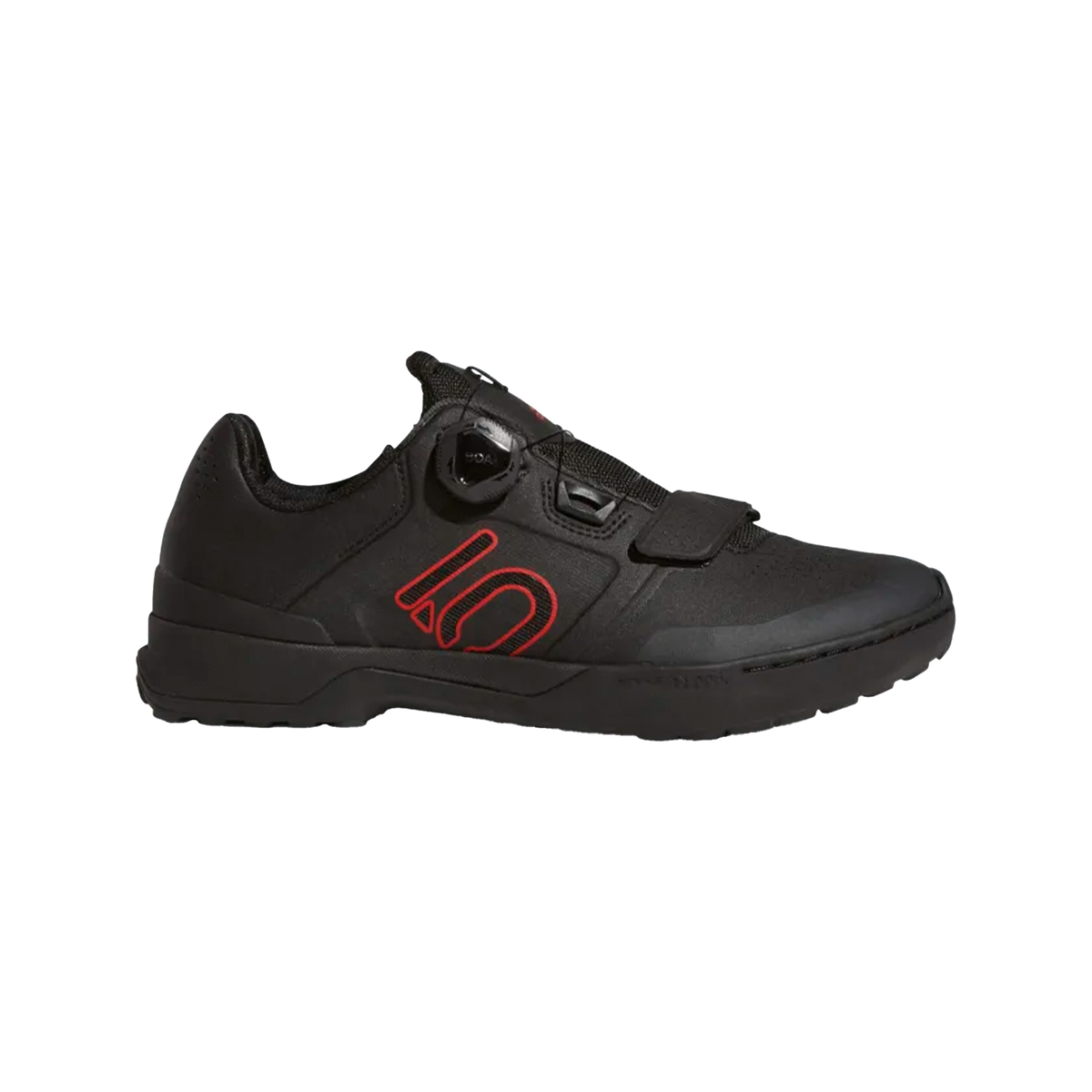 Mountain bike shoes black side view with red logo and protective panels
