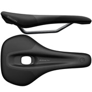 Black bicycle saddle with ergonomic cutout and smooth contoured shape