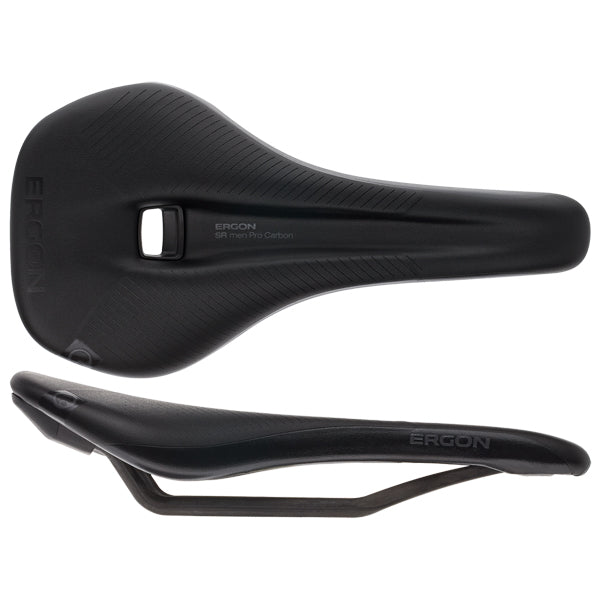 Ergon black carbon bicycle saddle with central cutout and streamlined shell