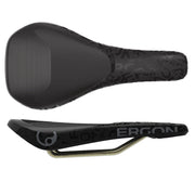 Ergon downhill bike saddle, black contoured nose and wide rear, textured top, side profile