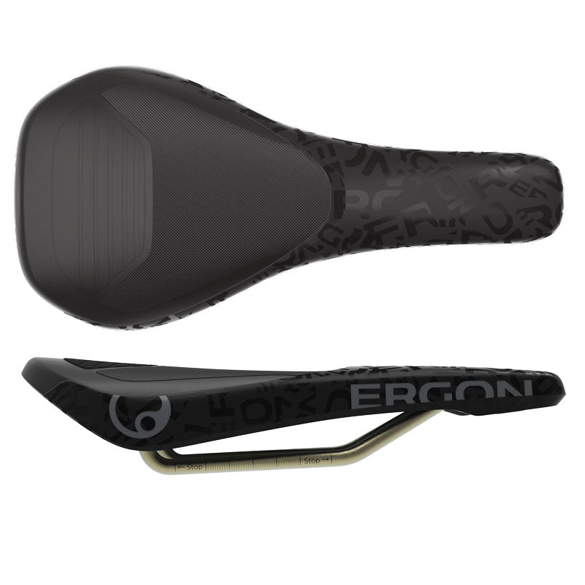 Ergon downhill bike saddle, black contoured nose and wide rear, textured top, side profile