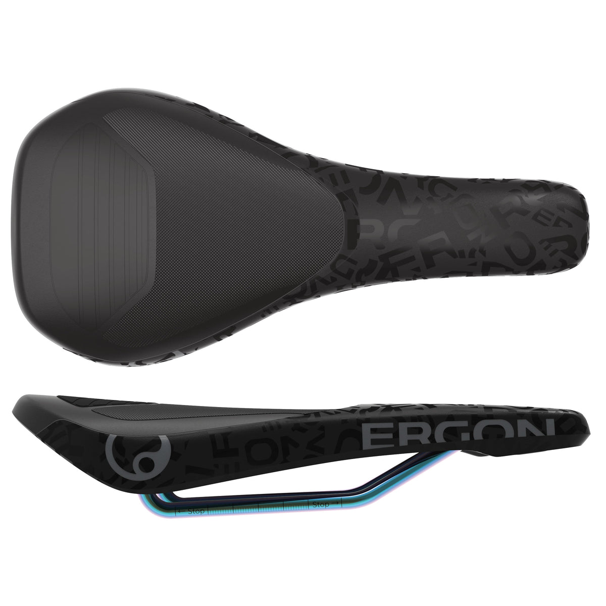 Downhill bicycle saddle, black ergonomic shell with textured surface and rails
