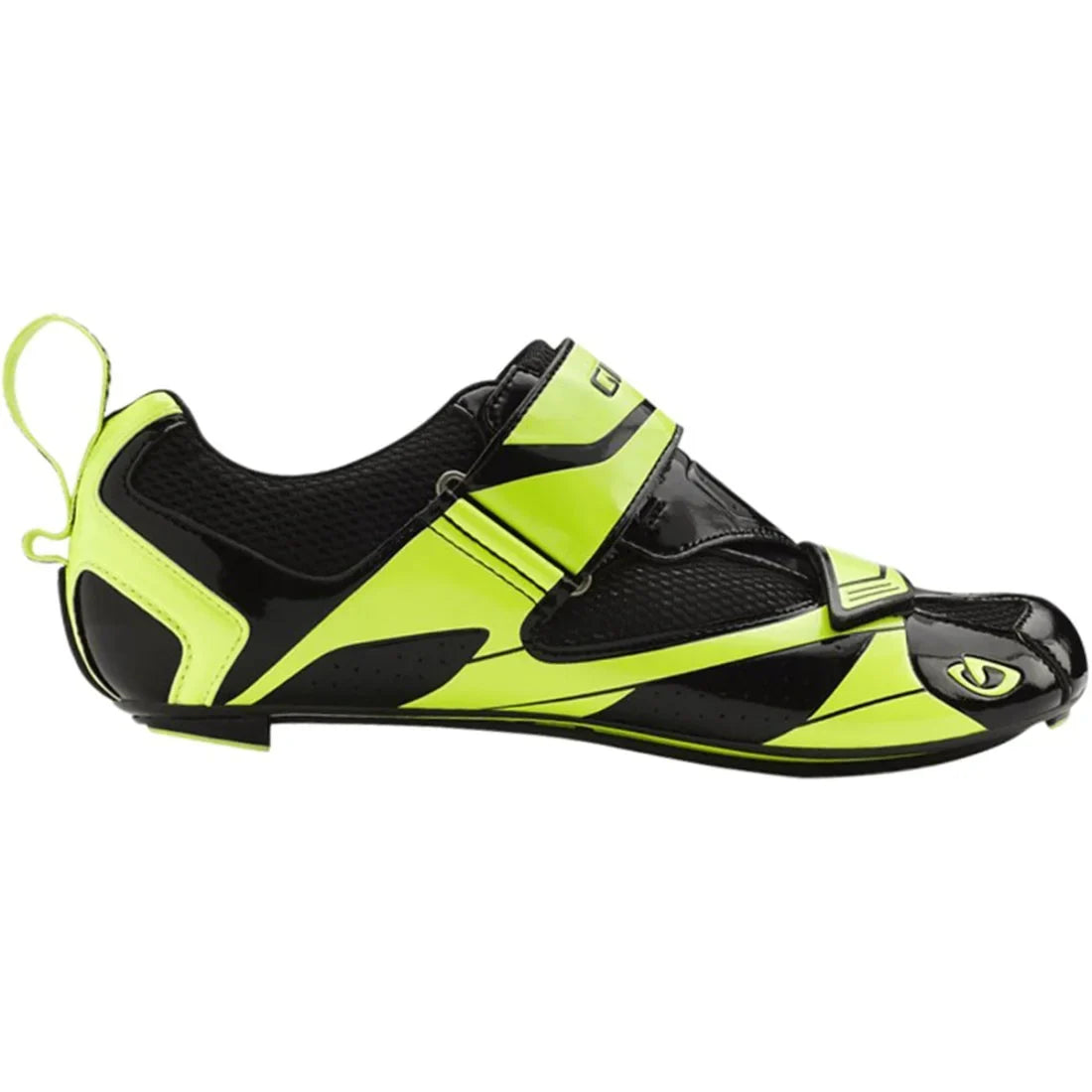 Black and highlight yellow cycling bike shoe with strap and textured upper