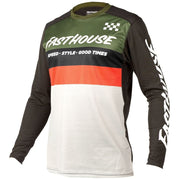 Youth long-sleeve riding jersey in olive, orange, and white with checkered logo
