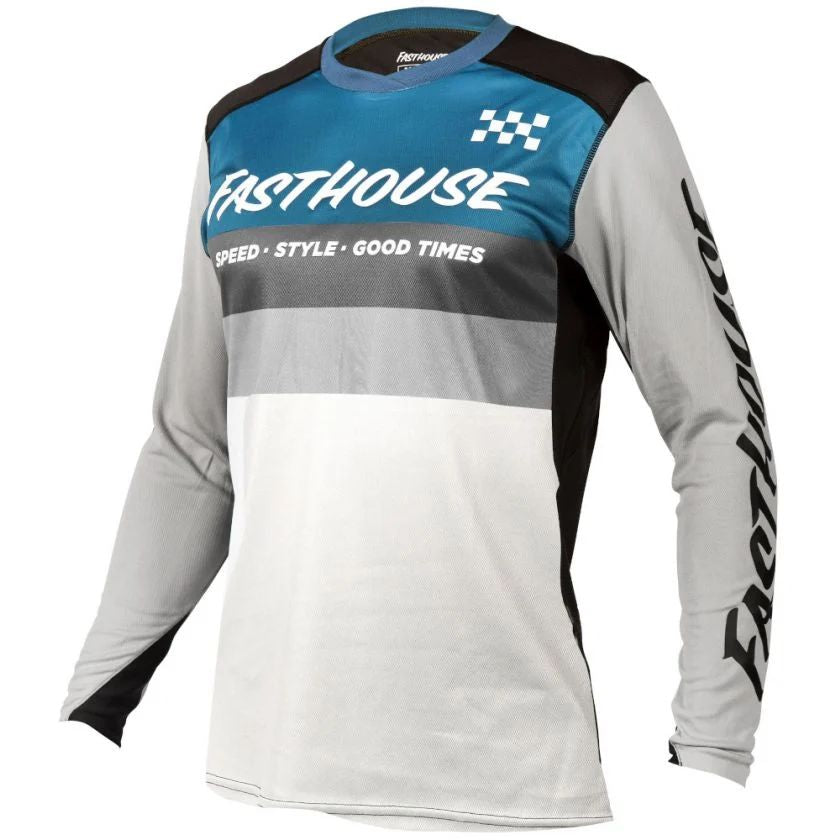 Youth long-sleeve riding jersey in blue, gray, and white with checkered logo