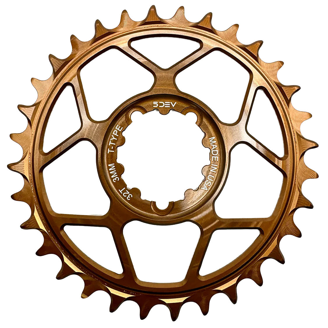 Bronze bicycle chainring sprocket with 5Dev and Type markings