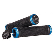 Black bike handlebar grips with blue logo end caps, textured rubber