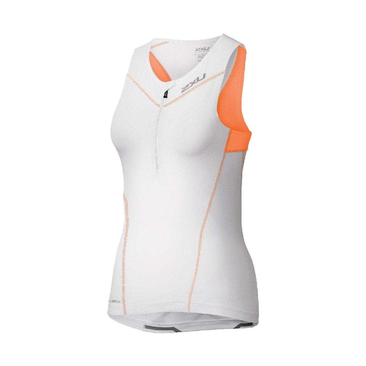 2XU Women's GHST tri singlet in white with orange panels, sleeveless racerback