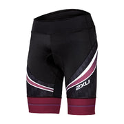 Black cycling compression shorts with 2XU logo and white/maroon side panels