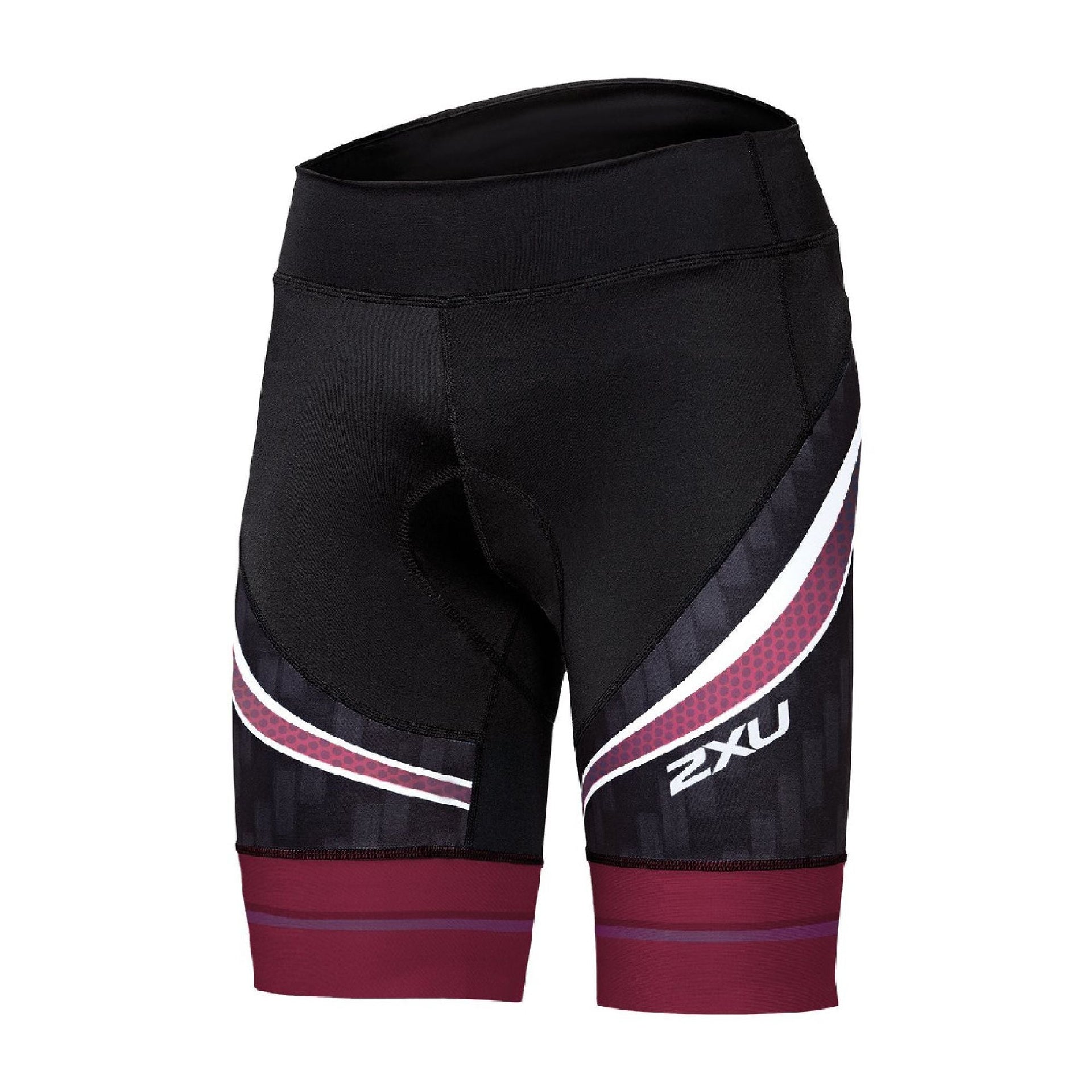 Black cycling compression shorts with 2XU logo and white/maroon side panels