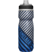 Insulated navy striped water bottle with screw-top lid and patterned sleeve