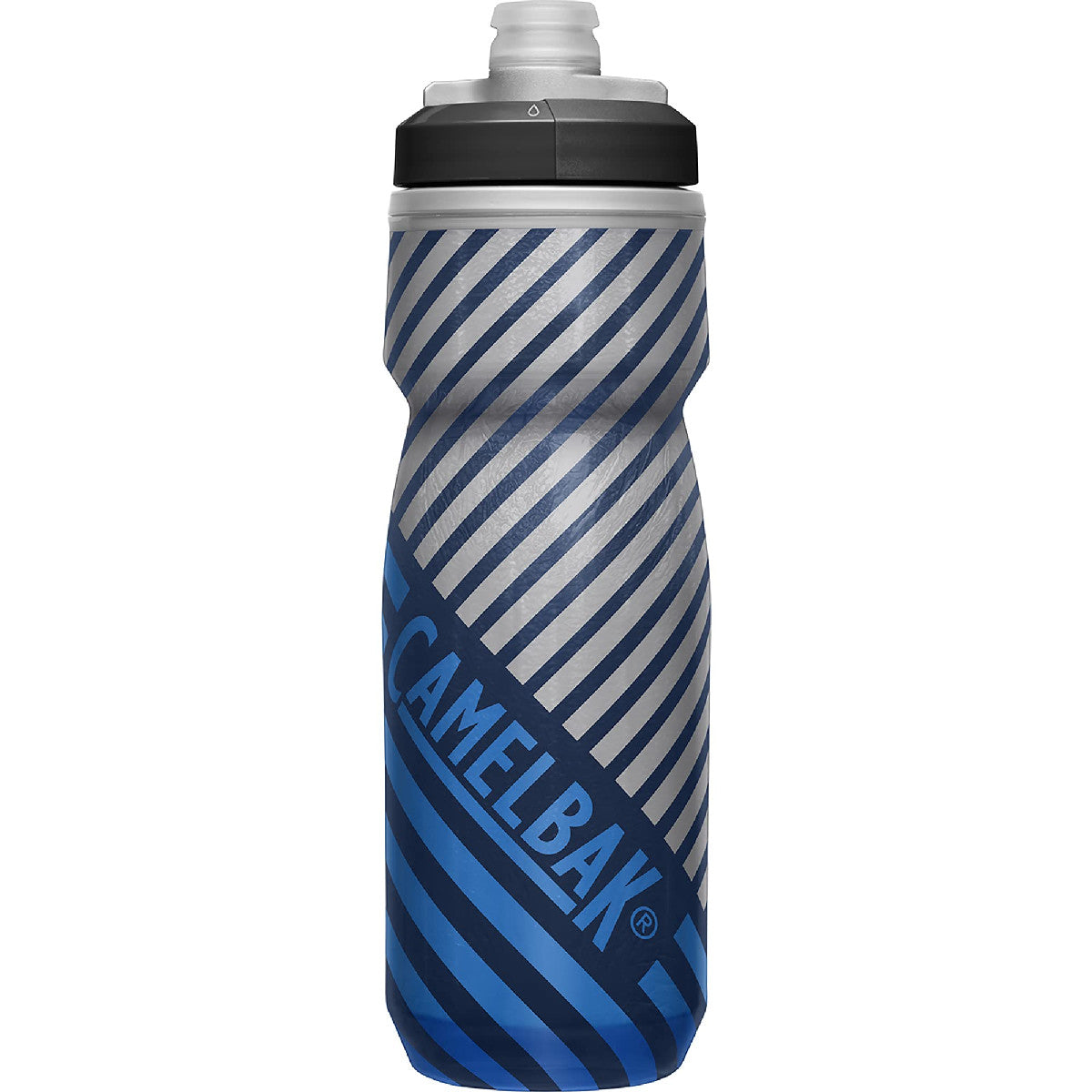 Insulated navy striped water bottle with screw-top lid and patterned sleeve